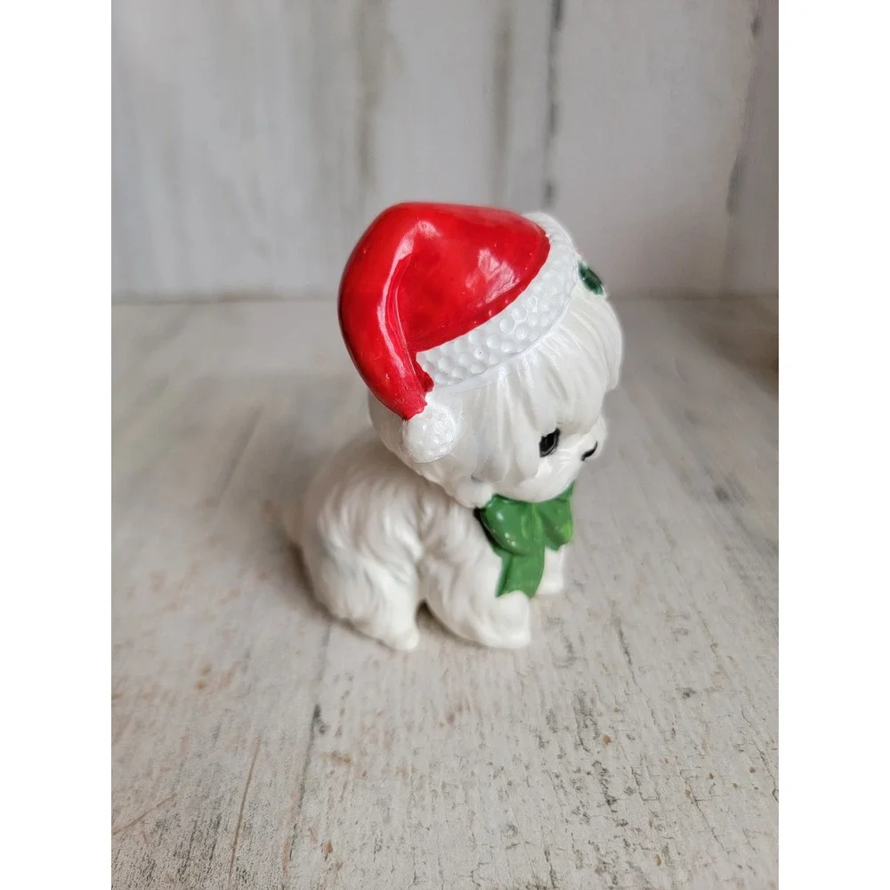 Lefton vintage white Maltese dog puppy Xmas mistletoe Santa hat figure